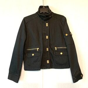 Lauren Jeans Co Ralph Lauren Petite Black Denim Jacket‎ Gold Hardware Moto Style